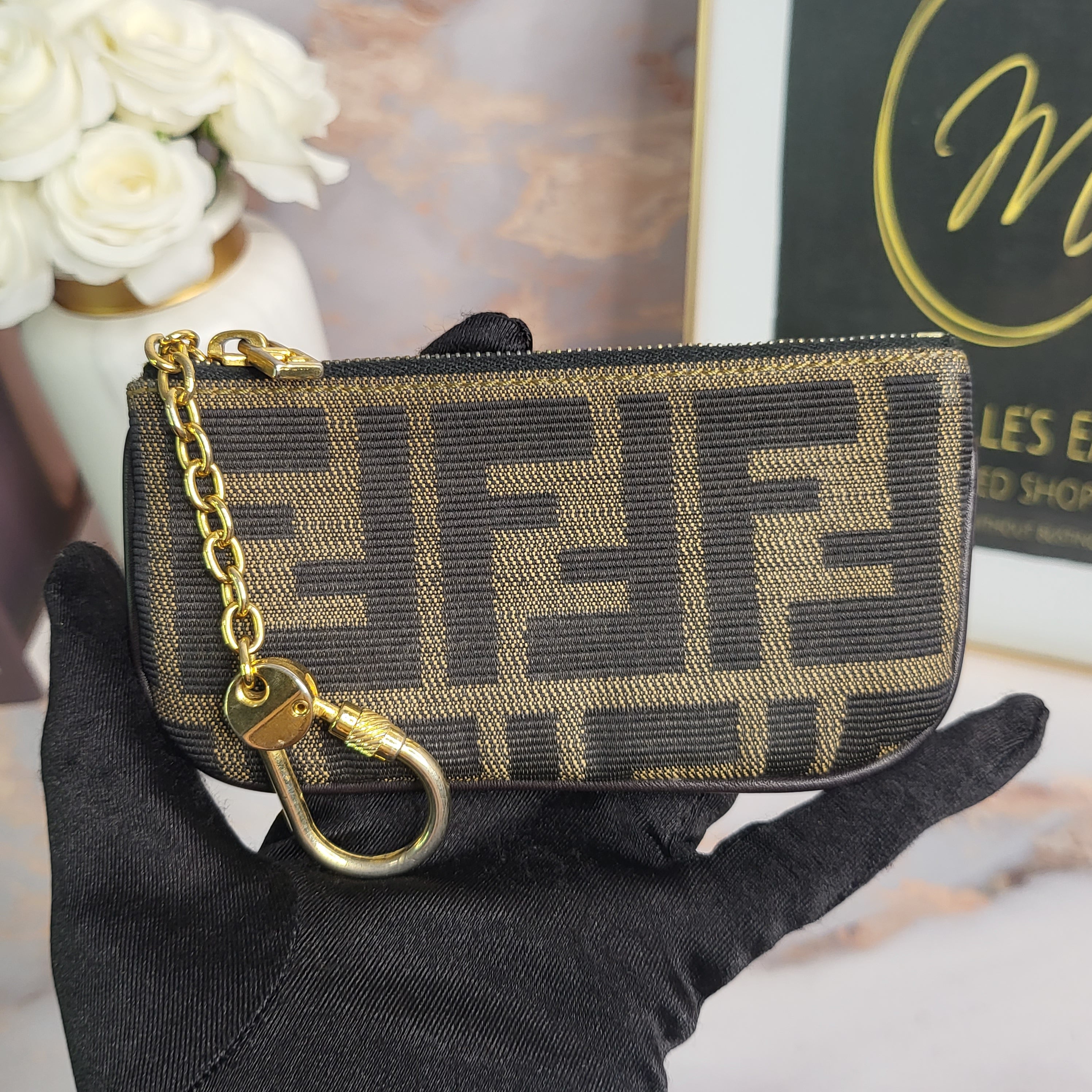 Fendi Purse Keyholder Fendi Tobacco Black Leather Trim Silver-Tone