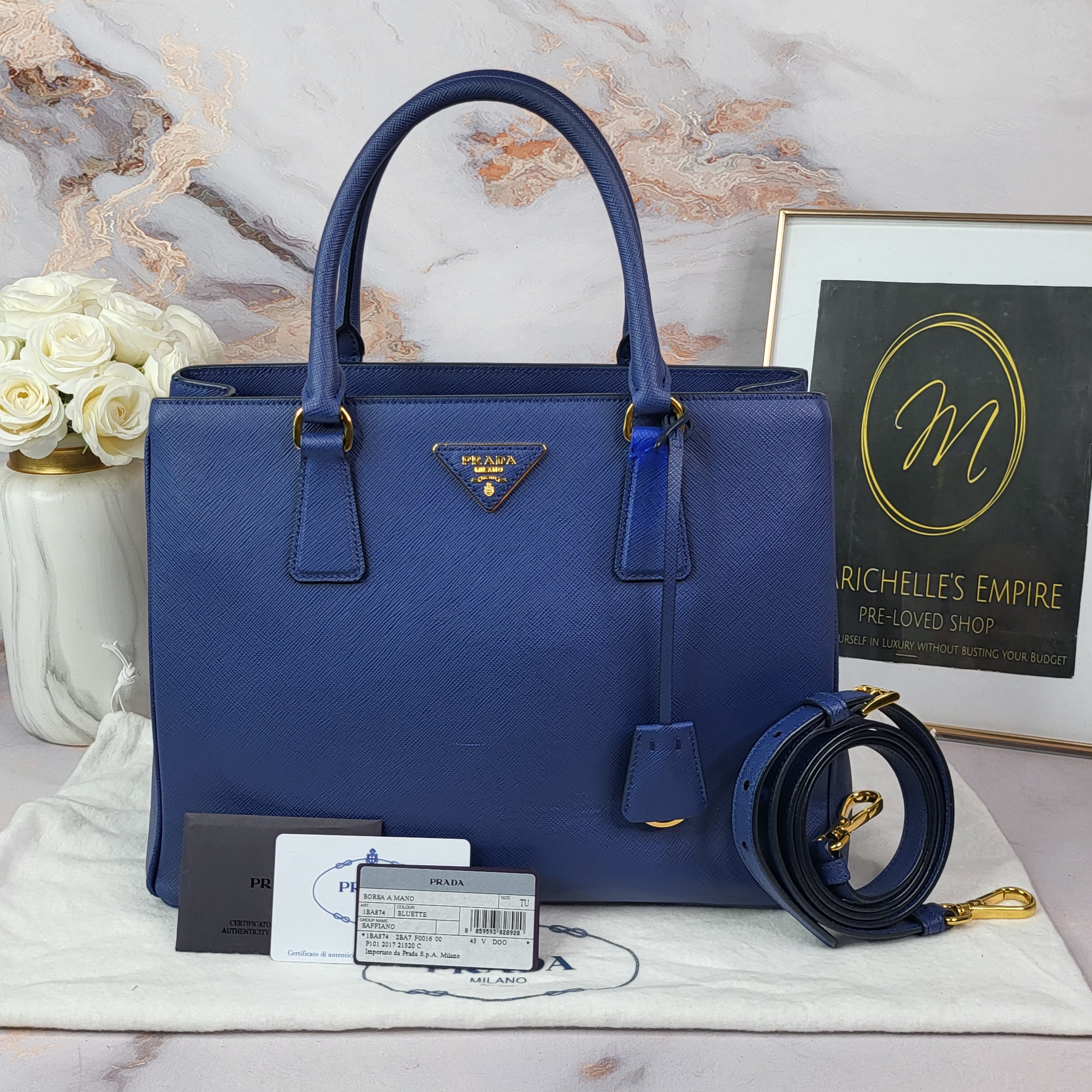 Prada Saffiano Leather Galleria Lux Tote, Blue, Authentic