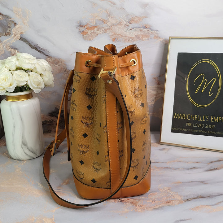 MCM Heritage Cognac Drawstring Bucket Bag