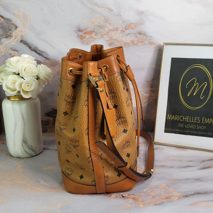 MCM Heritage Cognac Drawstring Bucket Bag