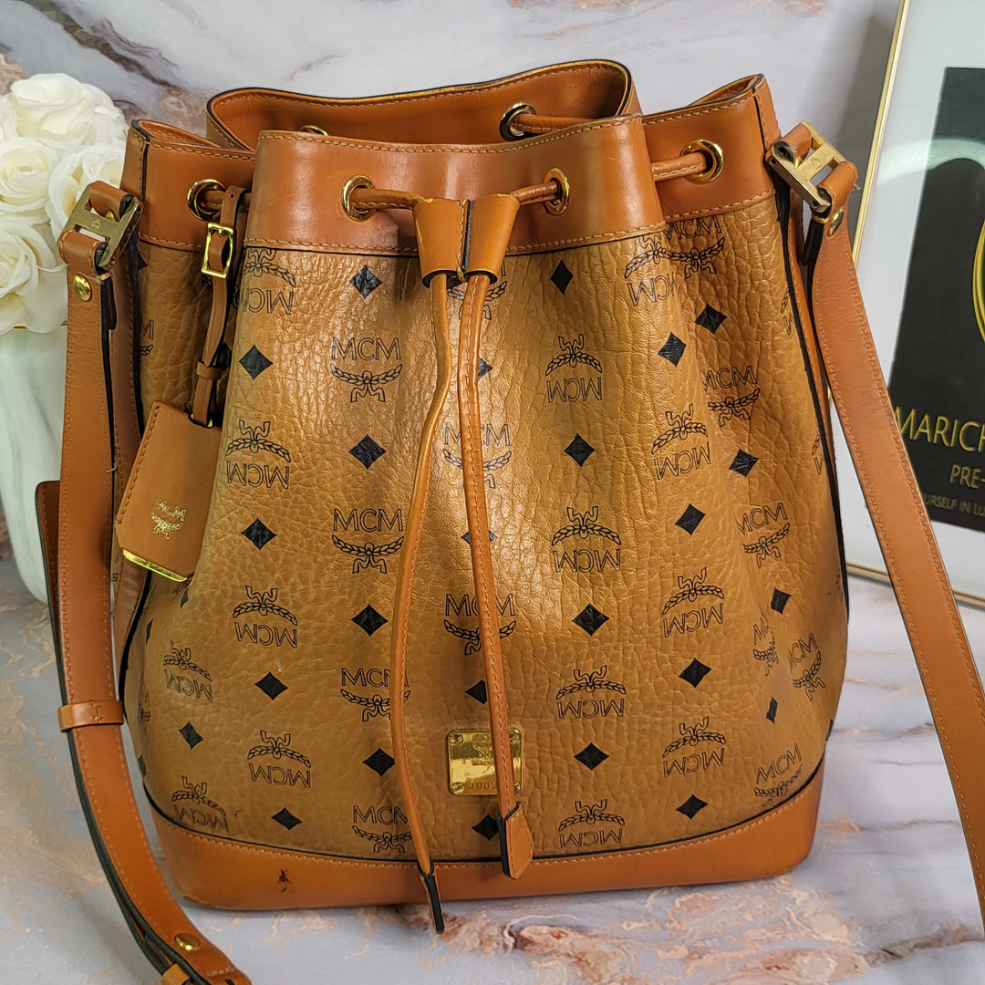 MCM Heritage Cognac Drawstring Bucket Bag