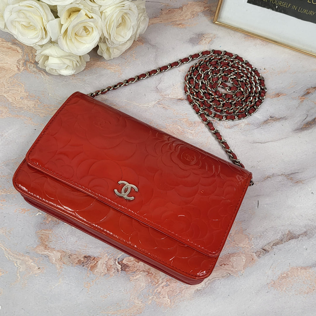 Chanel Patent Leather Camelia Wallet On Chain