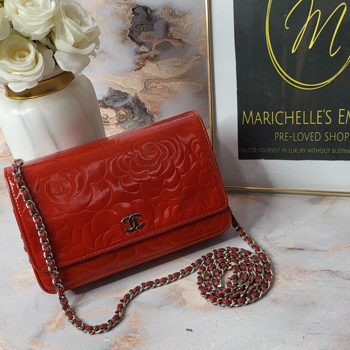 Chanel Patent Leather Camelia Wallet On Chain