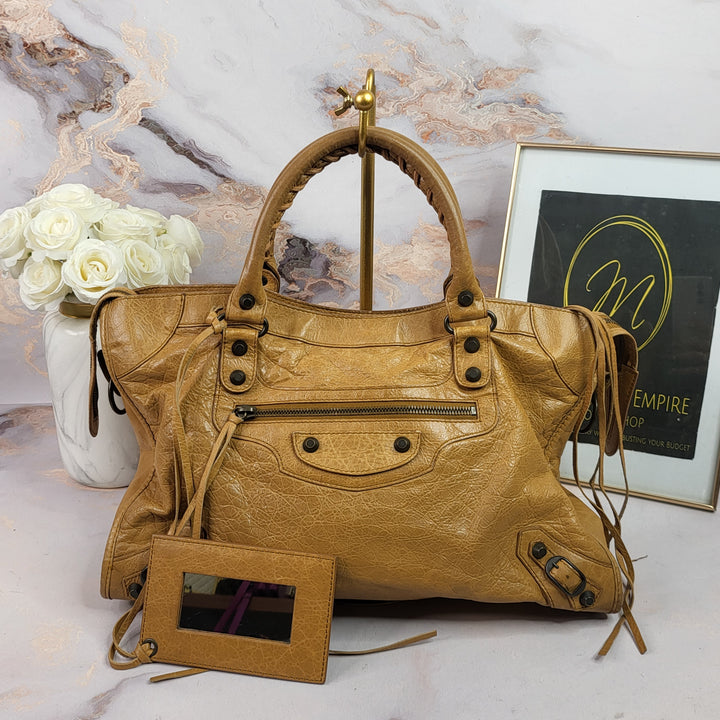 Balenciaga Distressed Leather Town Bag Caramel