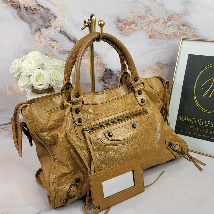 Balenciaga Distressed Leather Town Bag Caramel