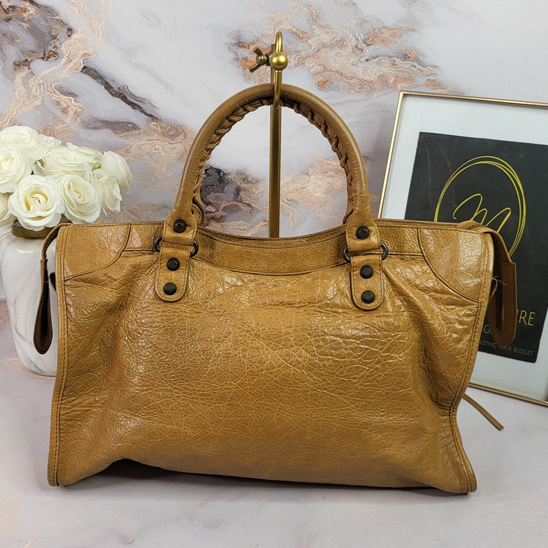 Balenciaga Distressed Leather Town Bag Caramel