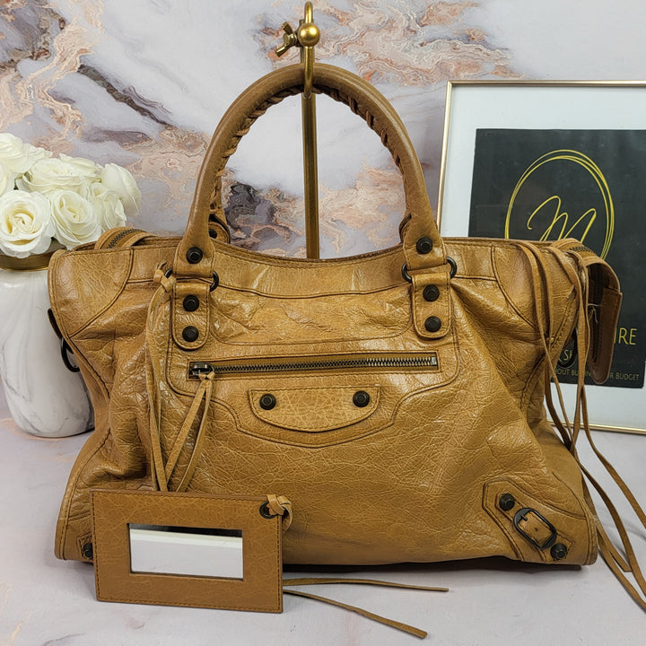 Balenciaga Distressed Leather Town Bag Caramel