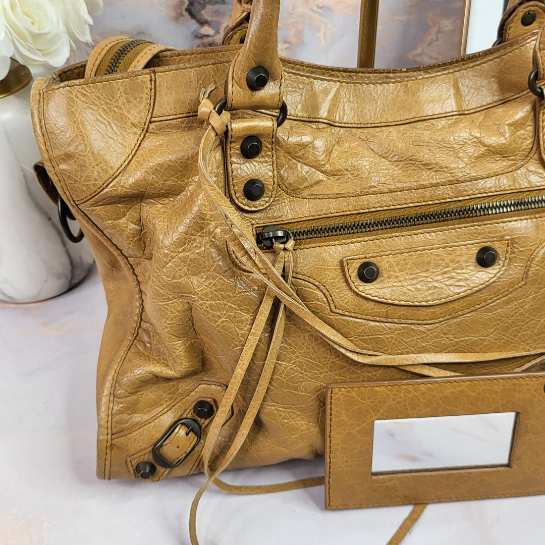 Balenciaga Distressed Leather Town Bag Caramel