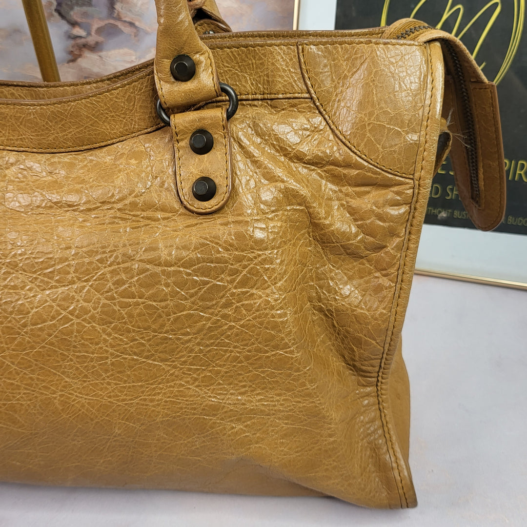 Balenciaga Distressed Leather Town Bag Caramel