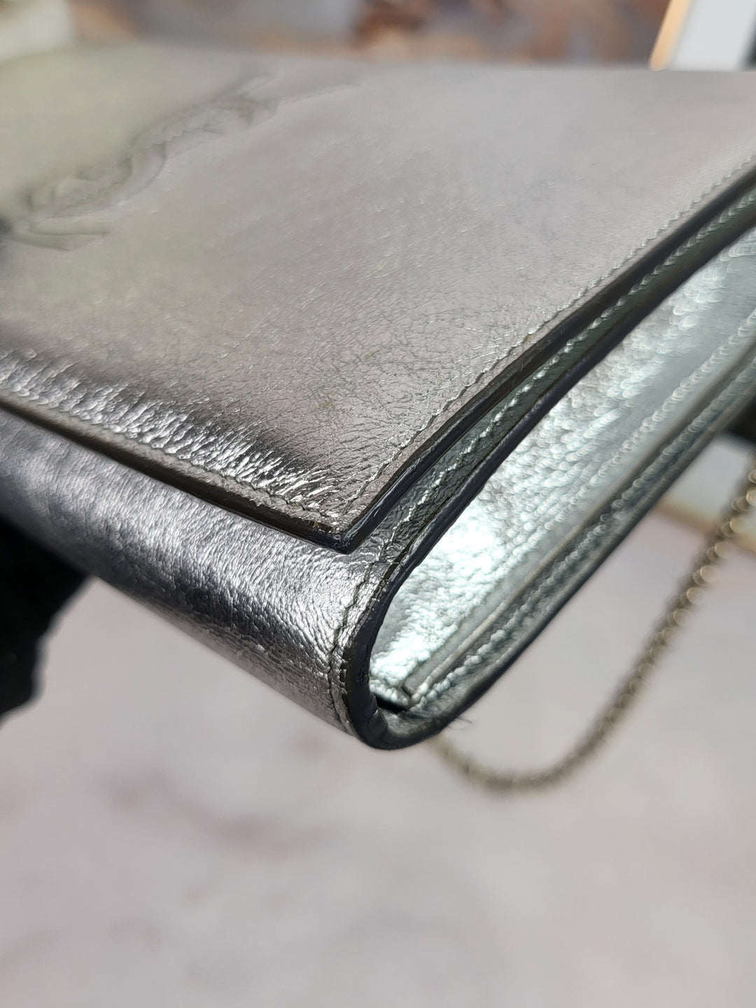 Saint Laurent Silver Metallic Clutch On Chain