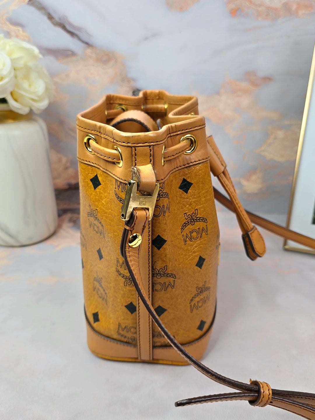 MCM Cognac Drawstring Small Bucket Bag