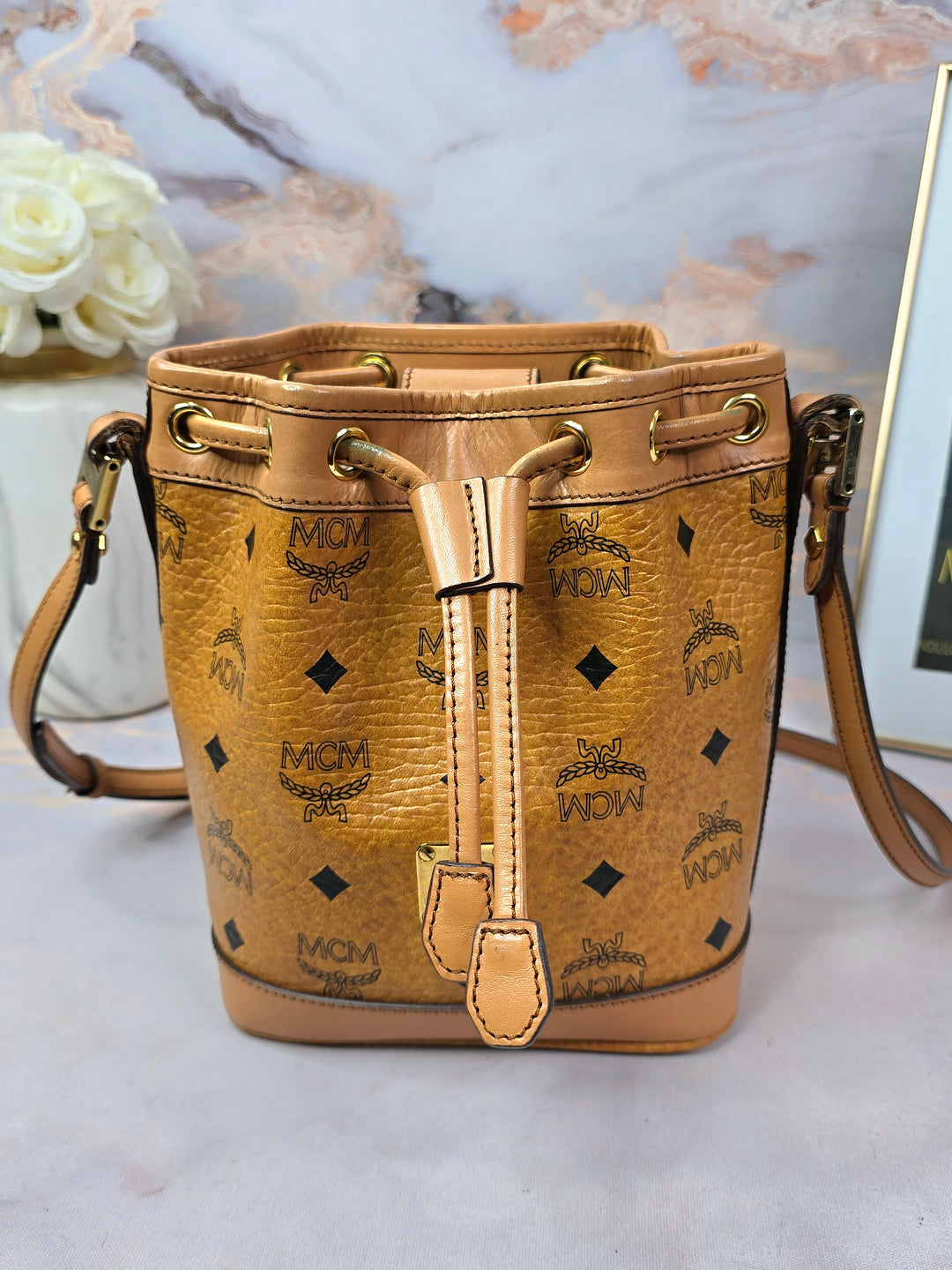 MCM Cognac Drawstring Small Bucket Bag