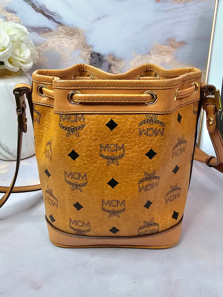 MCM Cognac Drawstring Small Bucket Bag