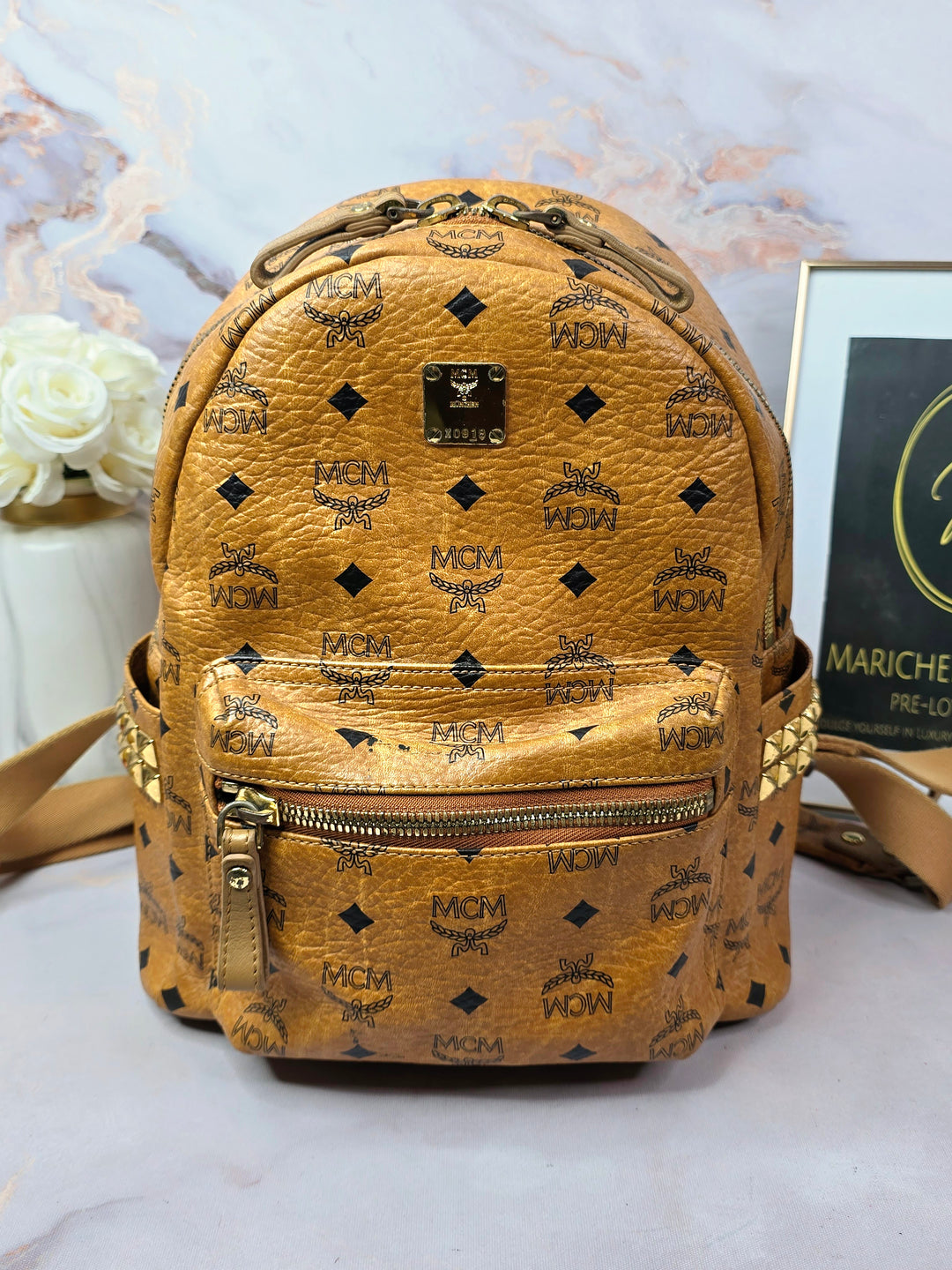 MCM Cognac Visetos Medium Backpack