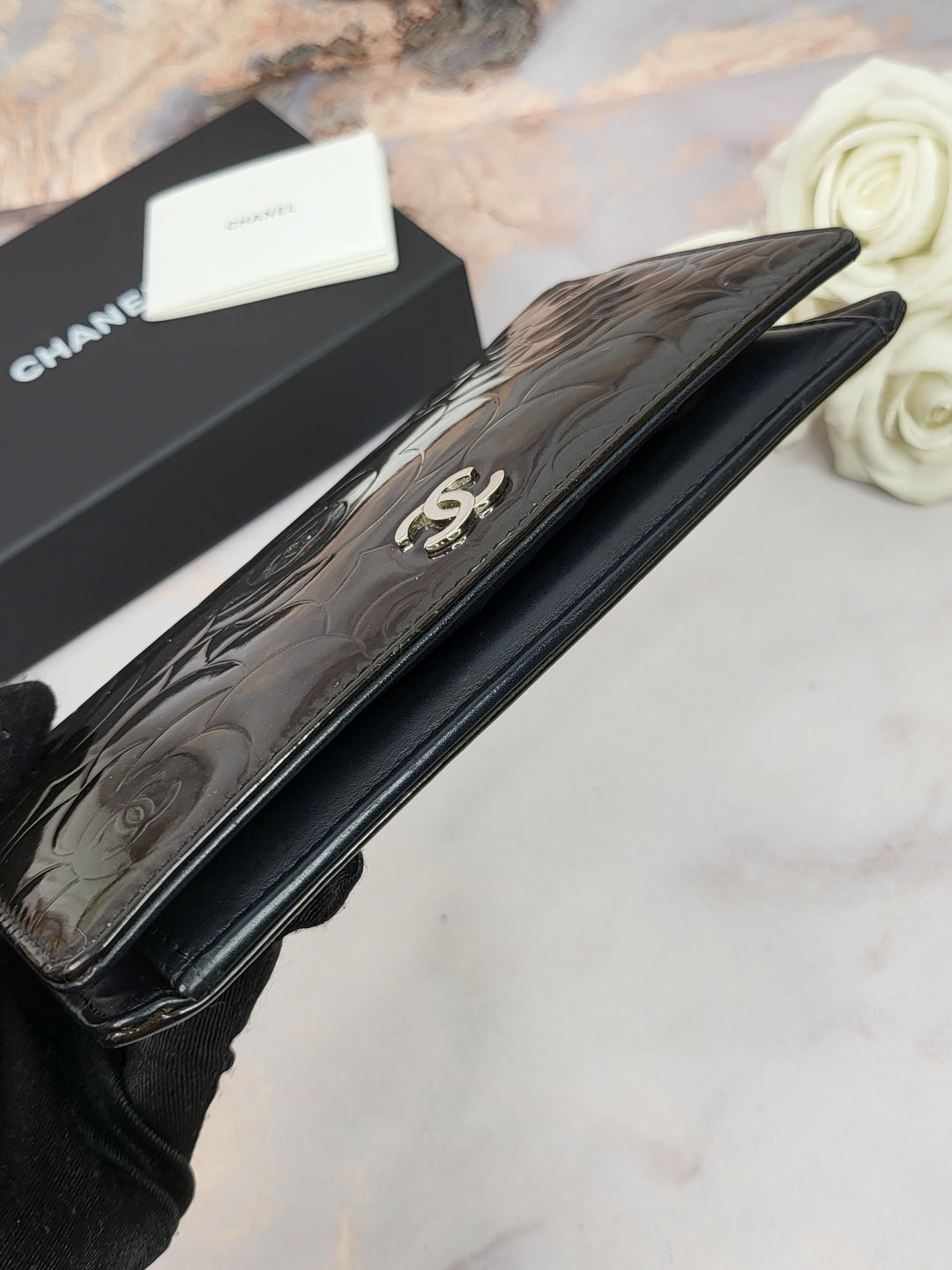 Chanel Patent Camelia Wallet