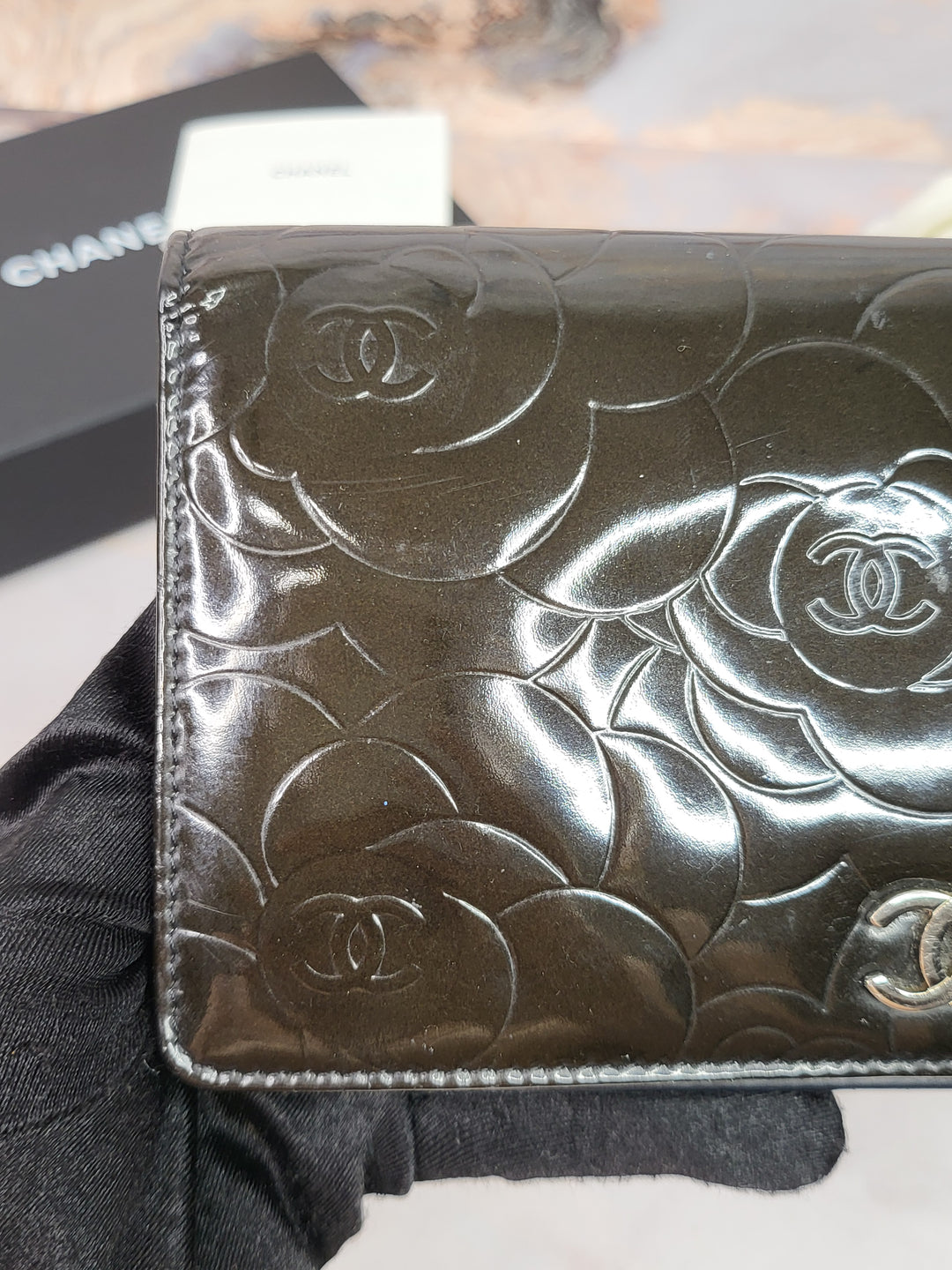 Chanel Patent Camelia Wallet