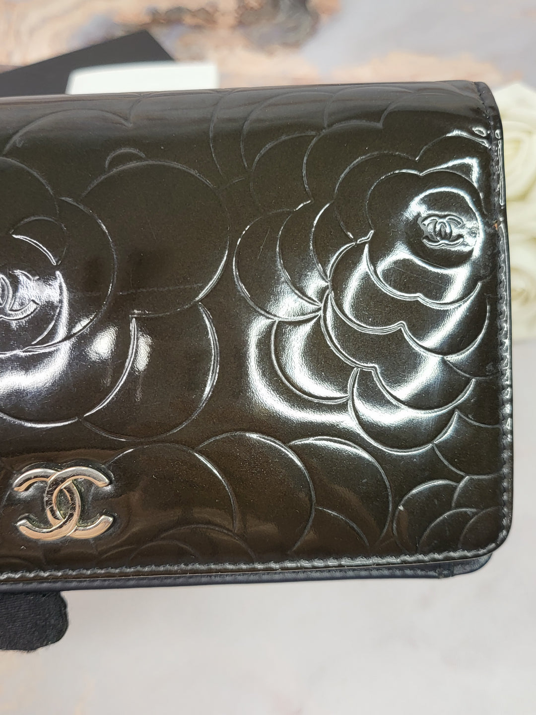 Chanel Patent Camelia Wallet