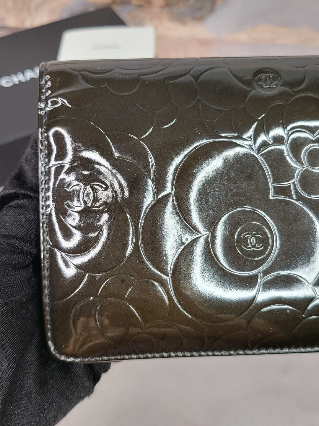 Chanel Patent Camelia Wallet