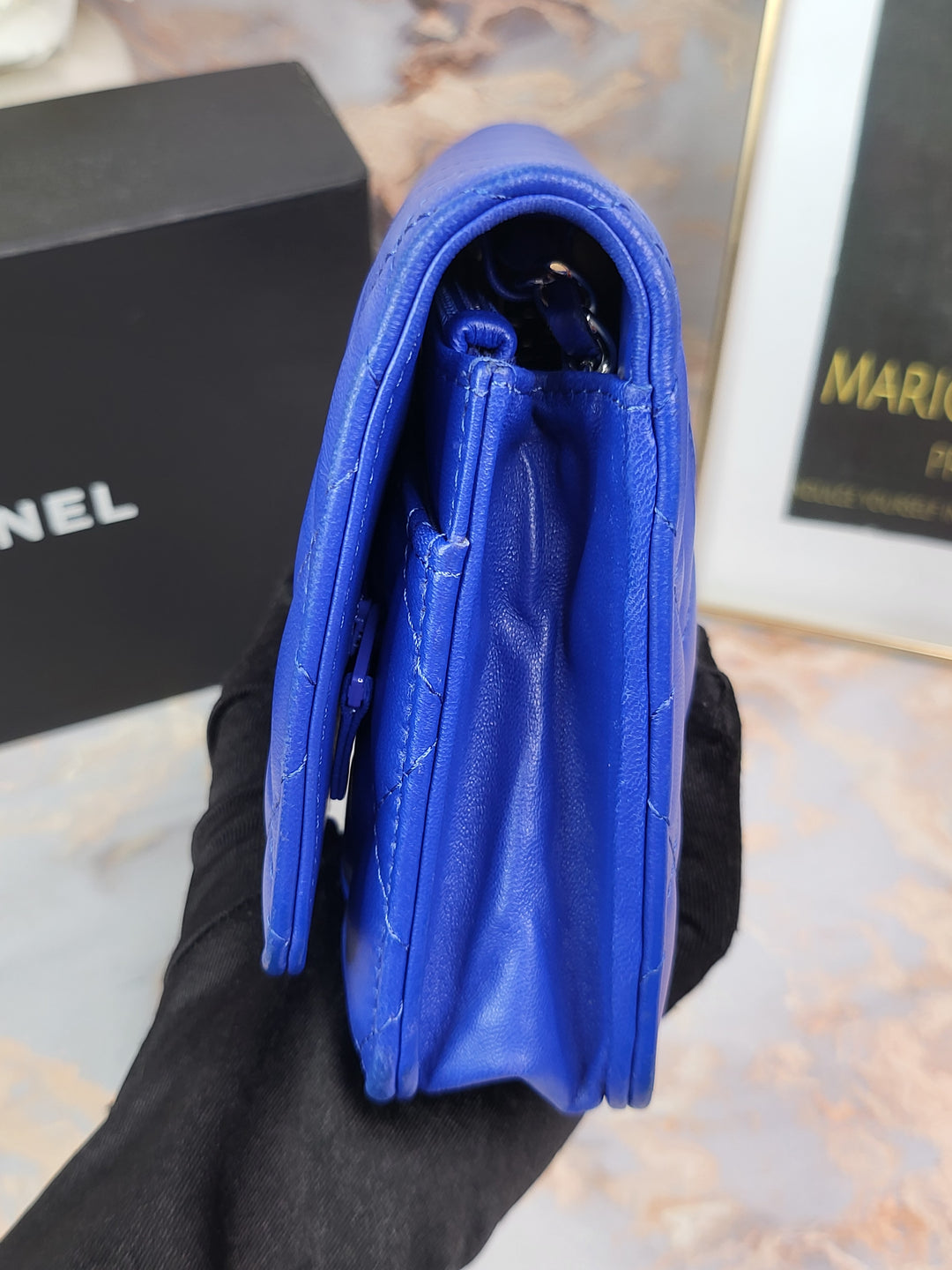 Chanel Lambskin Blue Wallet On Chain