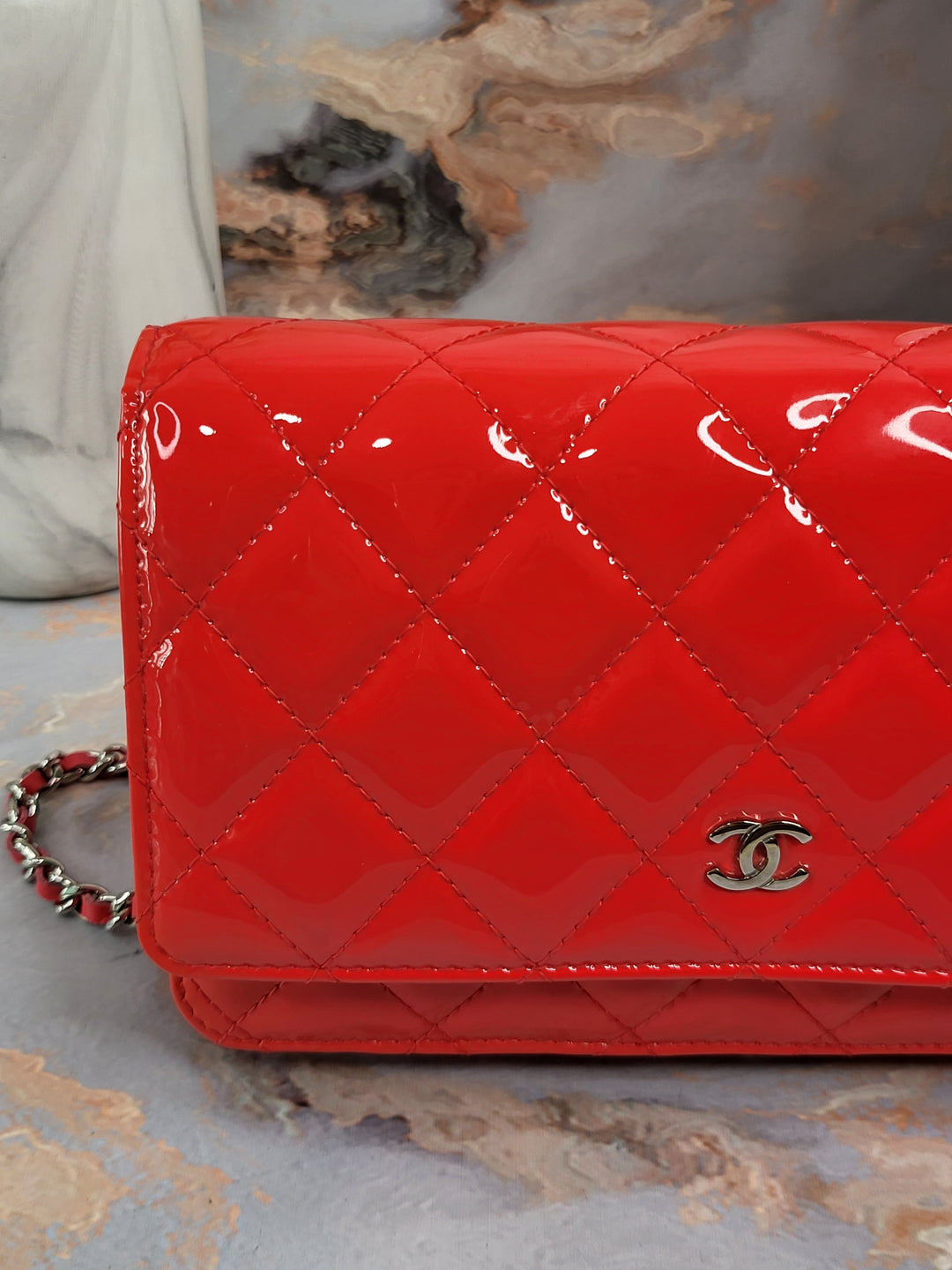 Chanel Patent Coral Wallet On Chain