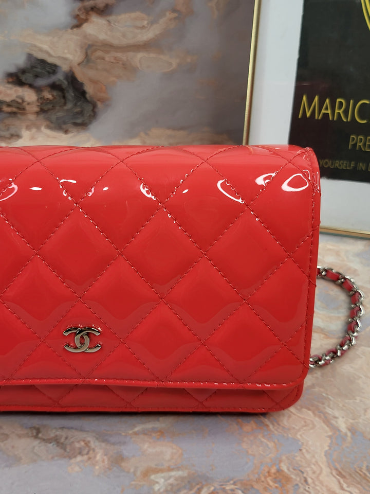 Chanel Patent Coral Wallet On Chain