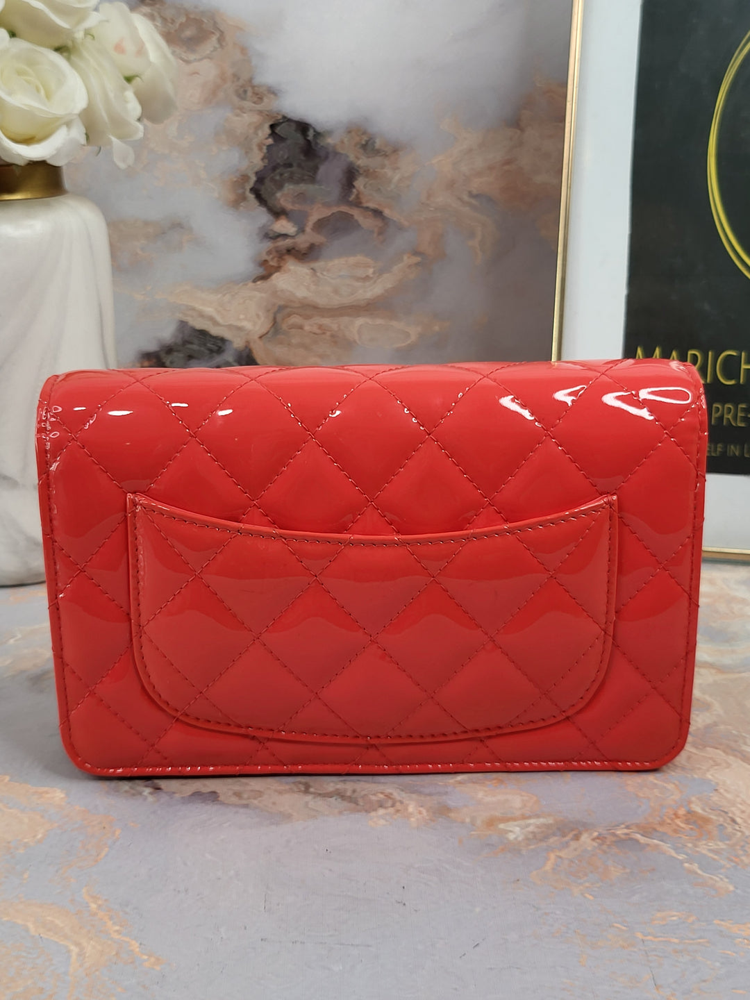 Chanel Patent Coral Wallet On Chain