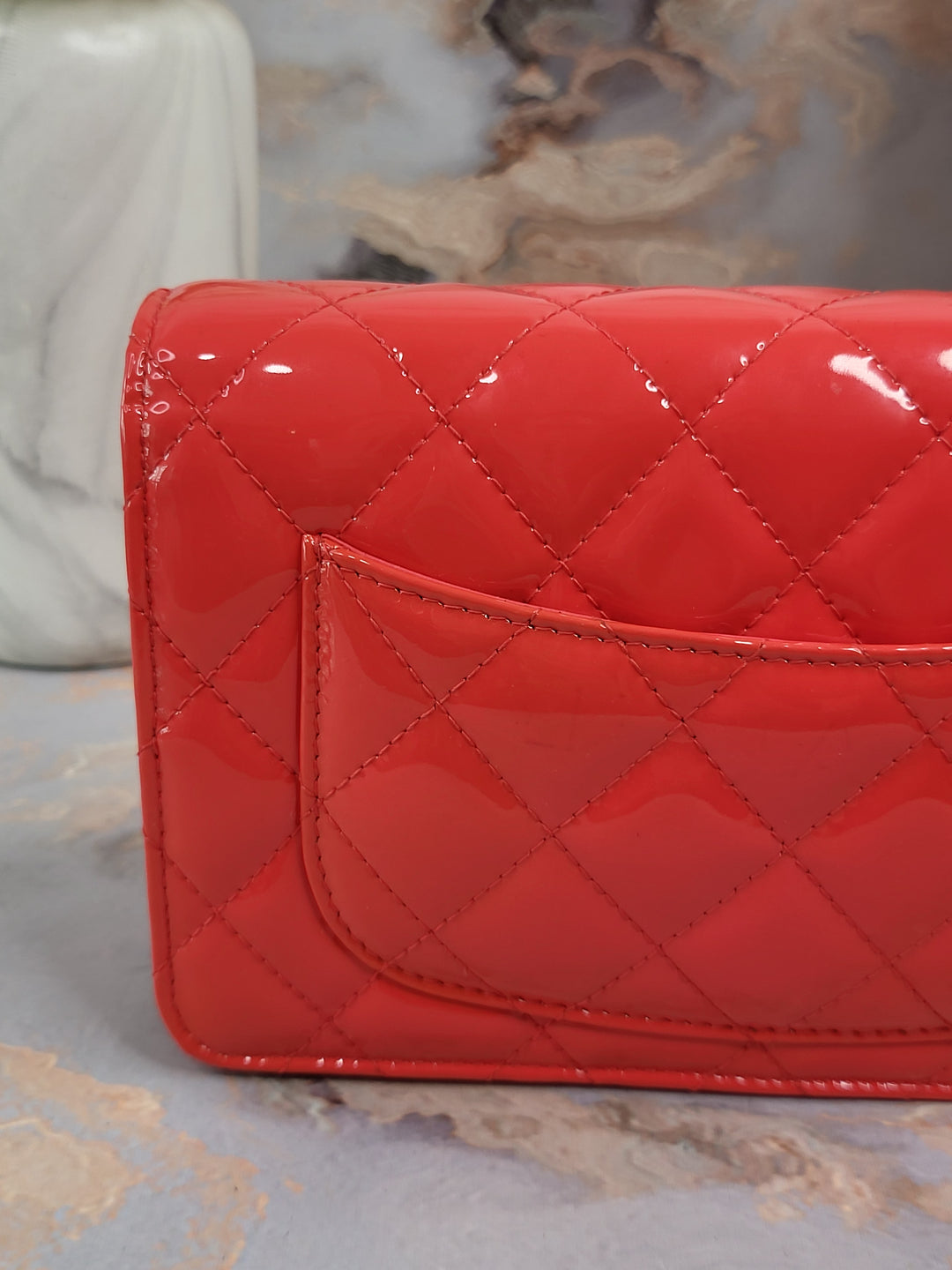 Chanel Patent Coral Wallet On Chain