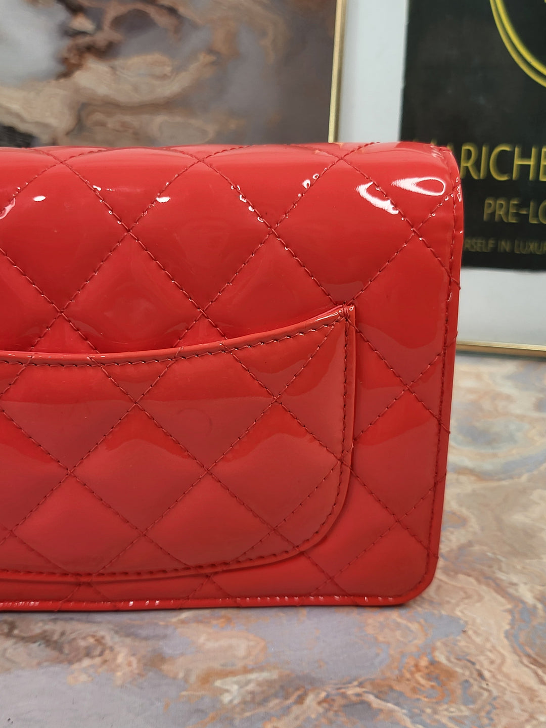 Chanel Patent Coral Wallet On Chain