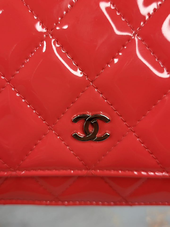 Chanel Patent Coral Wallet On Chain