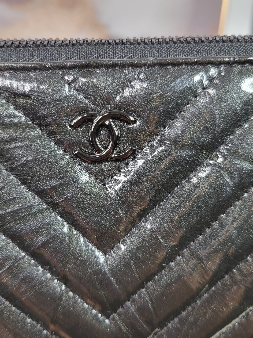 Chanel Patent Calfskin Chevron O Case Clutch