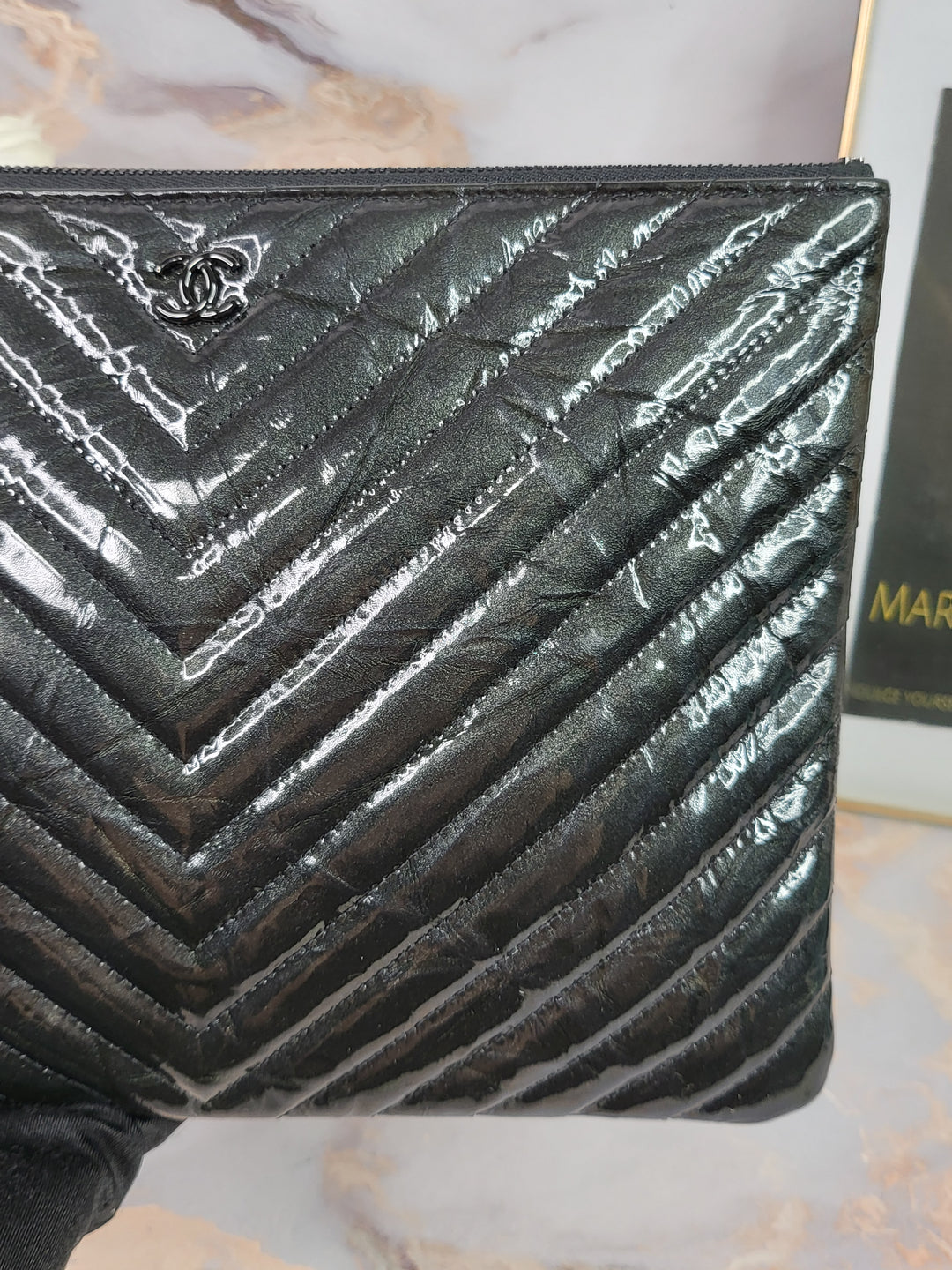 Chanel Patent Calfskin Chevron O Case Clutch