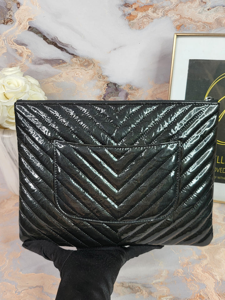 Chanel Patent Calfskin Chevron O Case Clutch