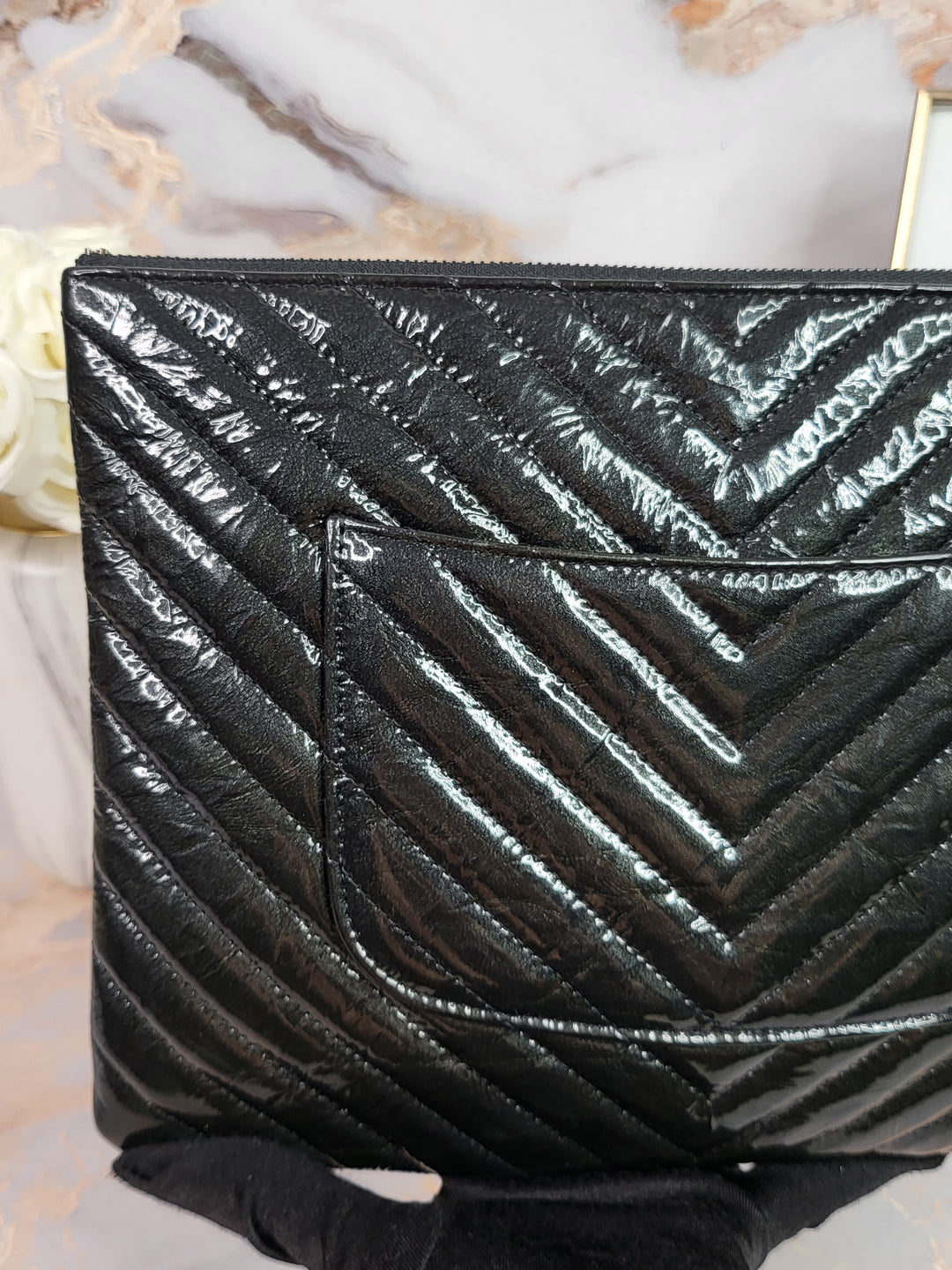 Chanel Patent Calfskin Chevron O Case Clutch