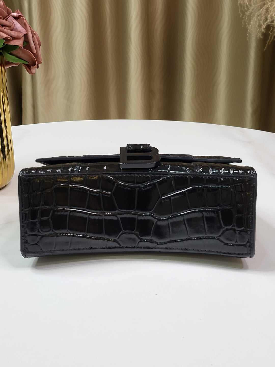 Balenciaga Shiny Calfskin Croc Embossed Hourglass XS