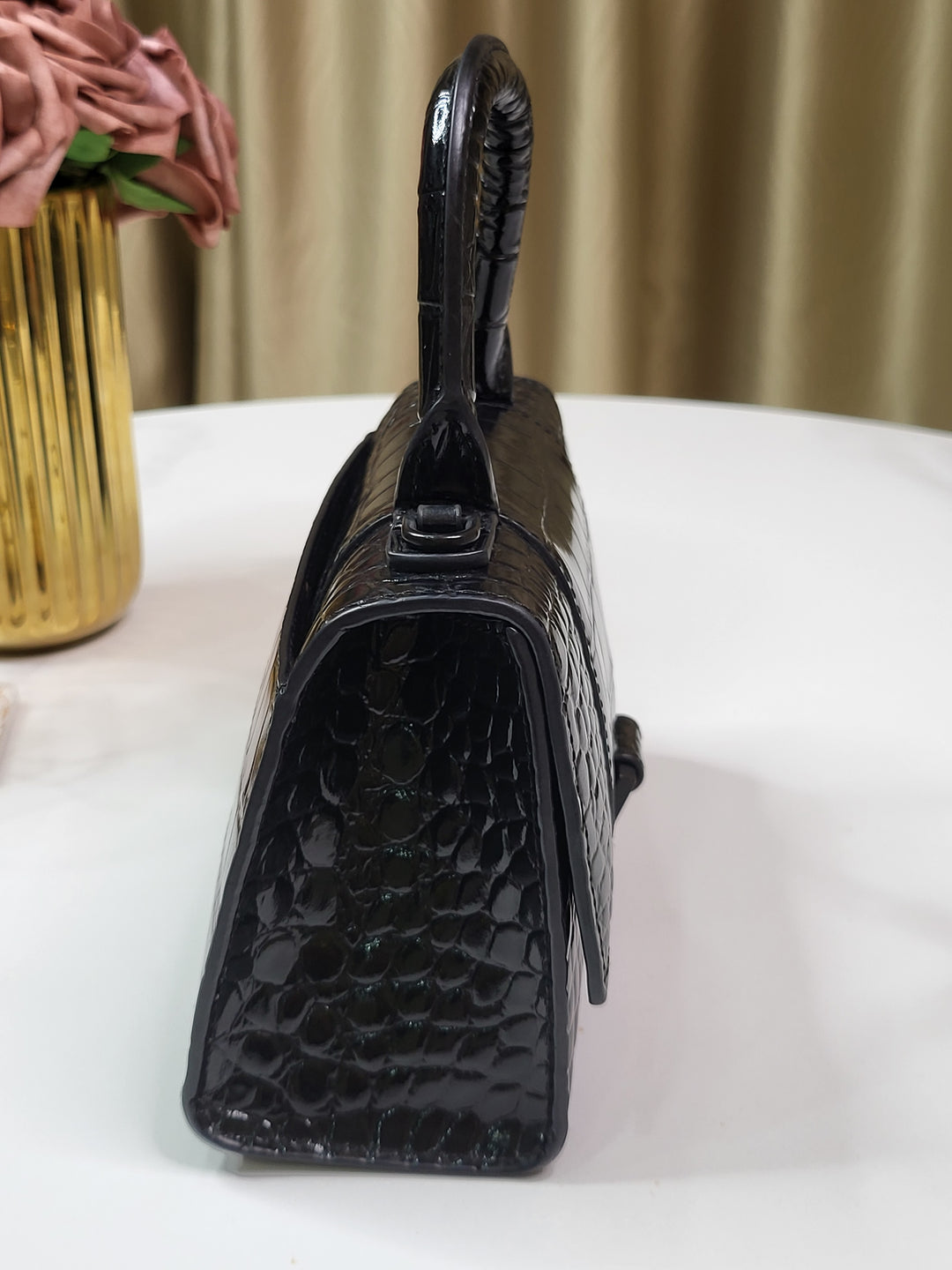 Balenciaga Shiny Calfskin Croc Embossed Hourglass XS