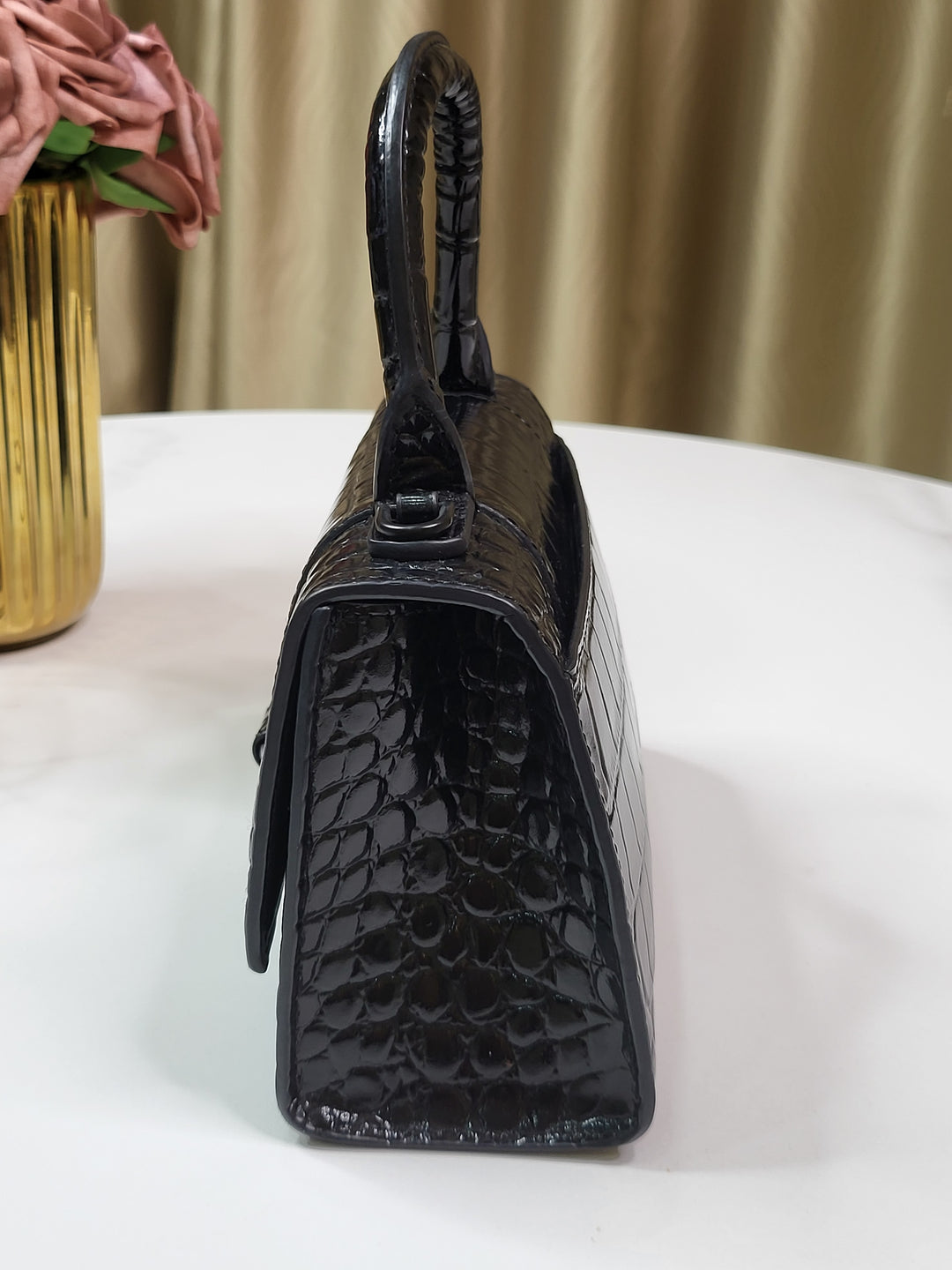 Balenciaga Shiny Calfskin Croc Embossed Hourglass XS