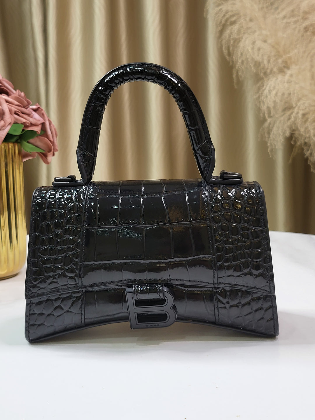 Balenciaga Shiny Calfskin Croc Embossed Hourglass XS