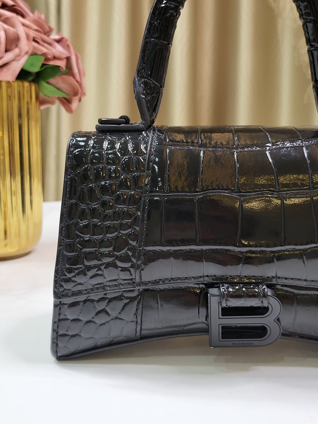 Balenciaga Shiny Calfskin Croc Embossed Hourglass XS