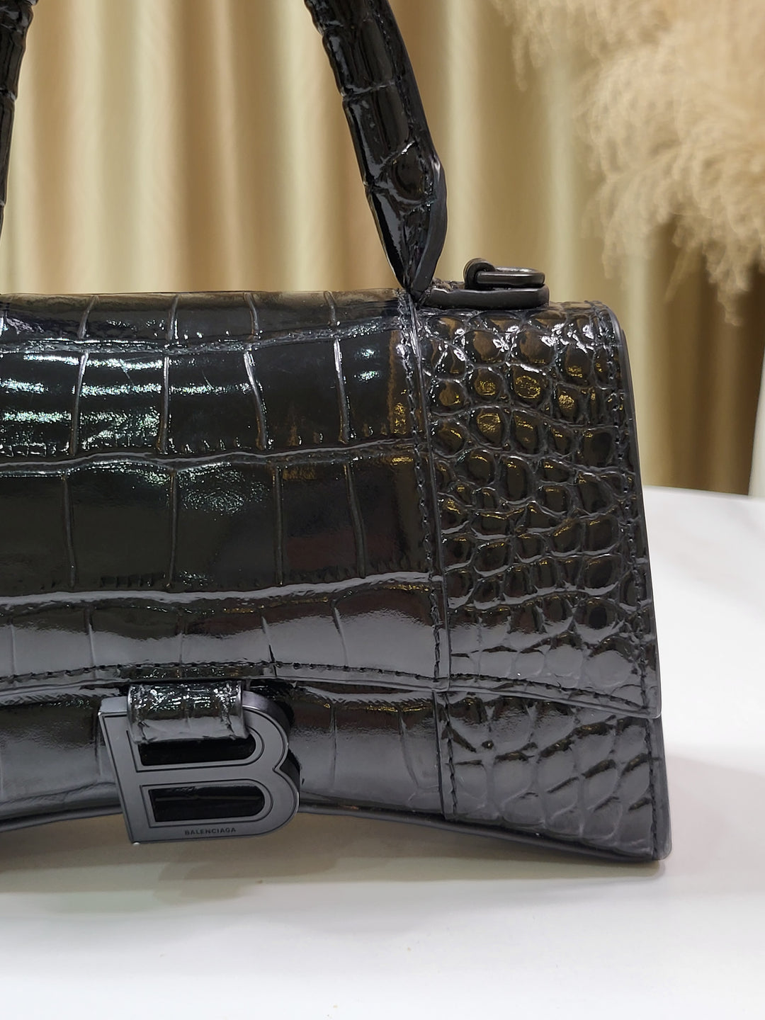 Balenciaga Shiny Calfskin Croc Embossed Hourglass XS