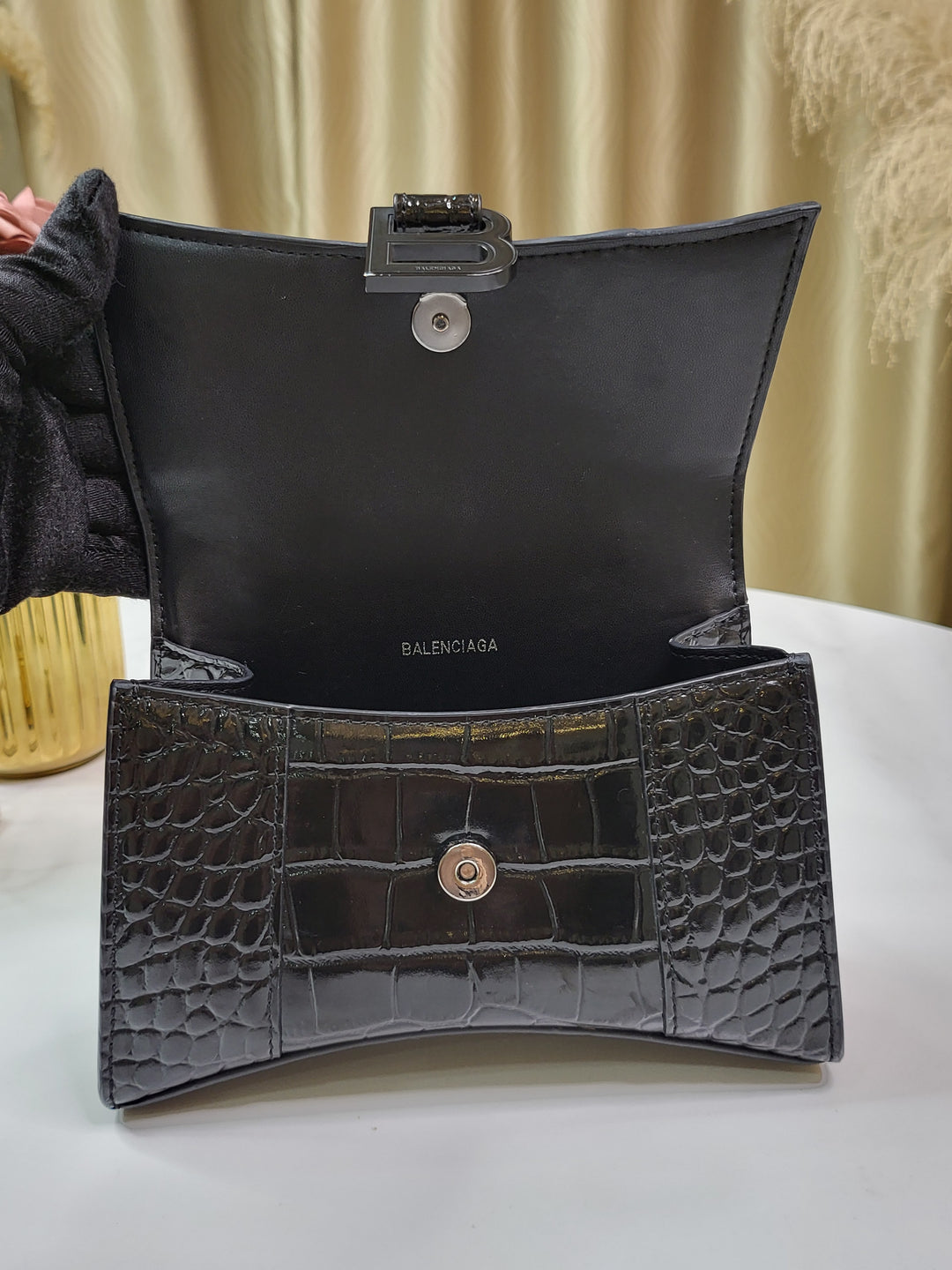 Balenciaga Shiny Calfskin Croc Embossed Hourglass XS