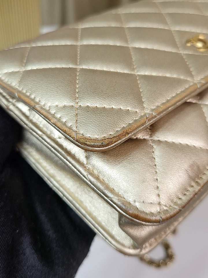 Chanel Lambskin Metallic Gold Wallet On Chain