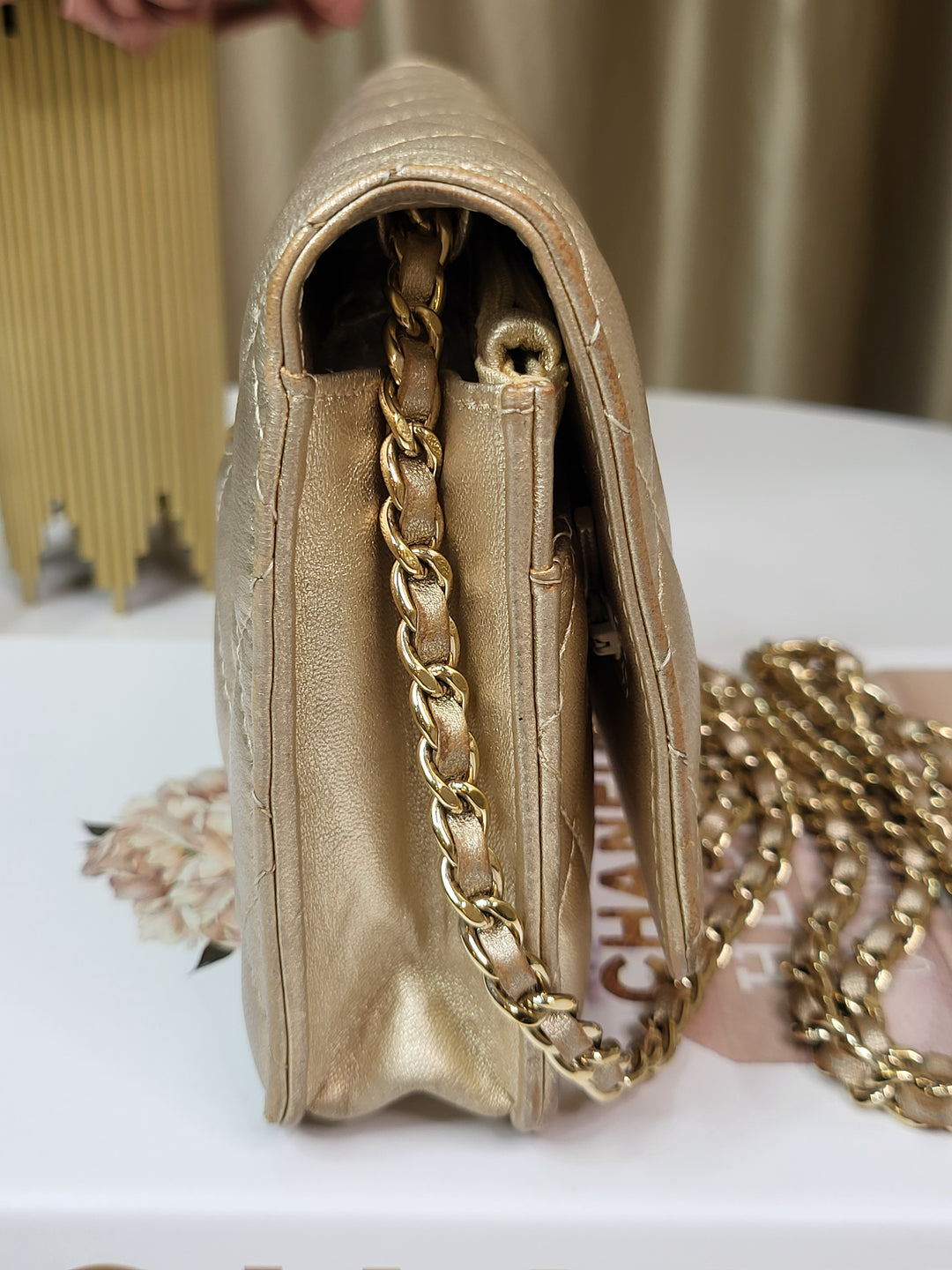 Chanel Lambskin Metallic Gold Wallet On Chain