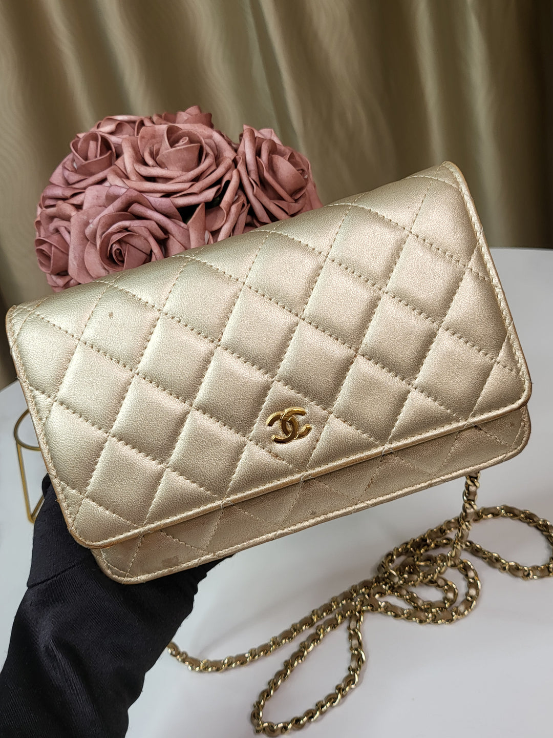 Chanel Lambskin Metallic Gold Wallet On Chain