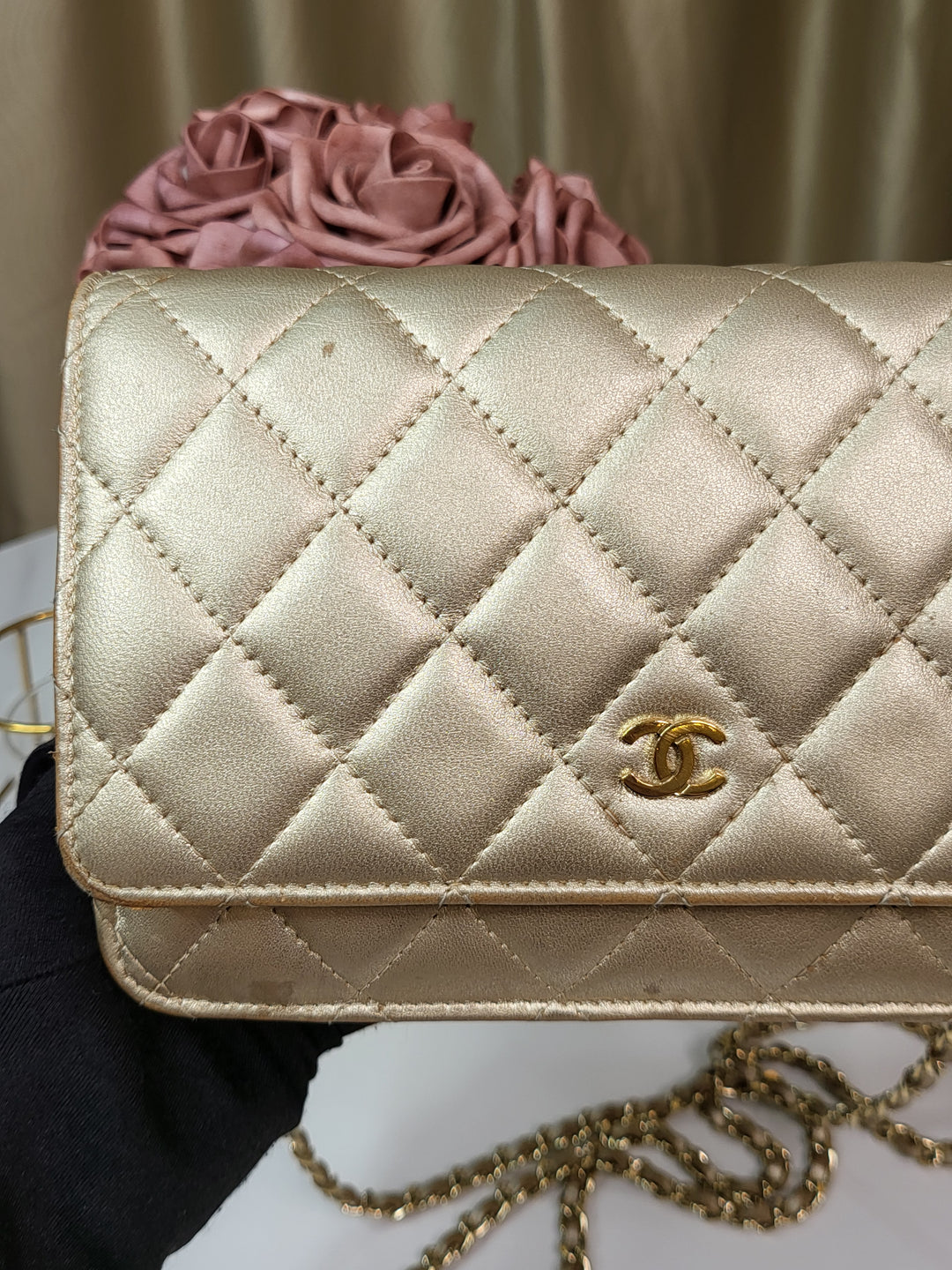 Chanel Lambskin Metallic Gold Wallet On Chain