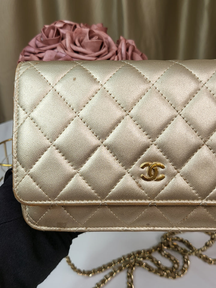 Chanel Lambskin Metallic Gold Wallet On Chain