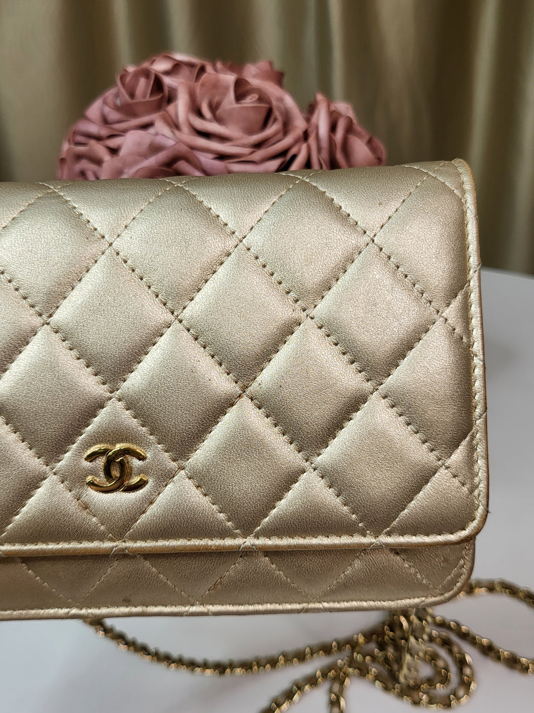 Chanel Lambskin Metallic Gold Wallet On Chain