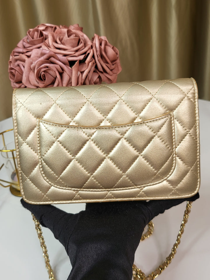 Chanel Lambskin Metallic Gold Wallet On Chain