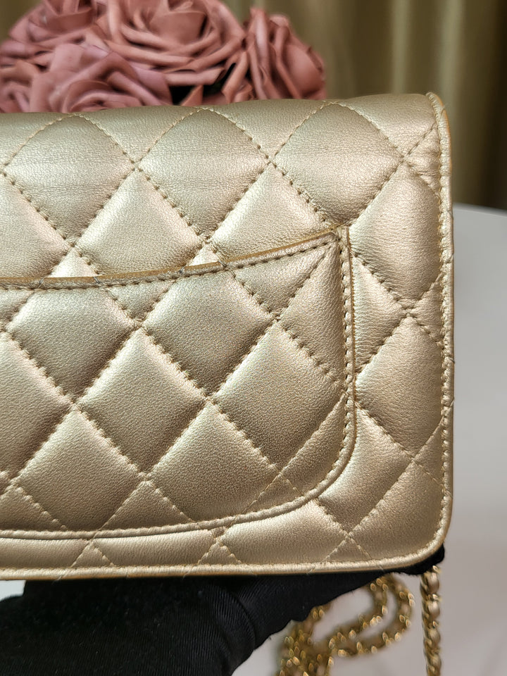 Chanel Lambskin Metallic Gold Wallet On Chain