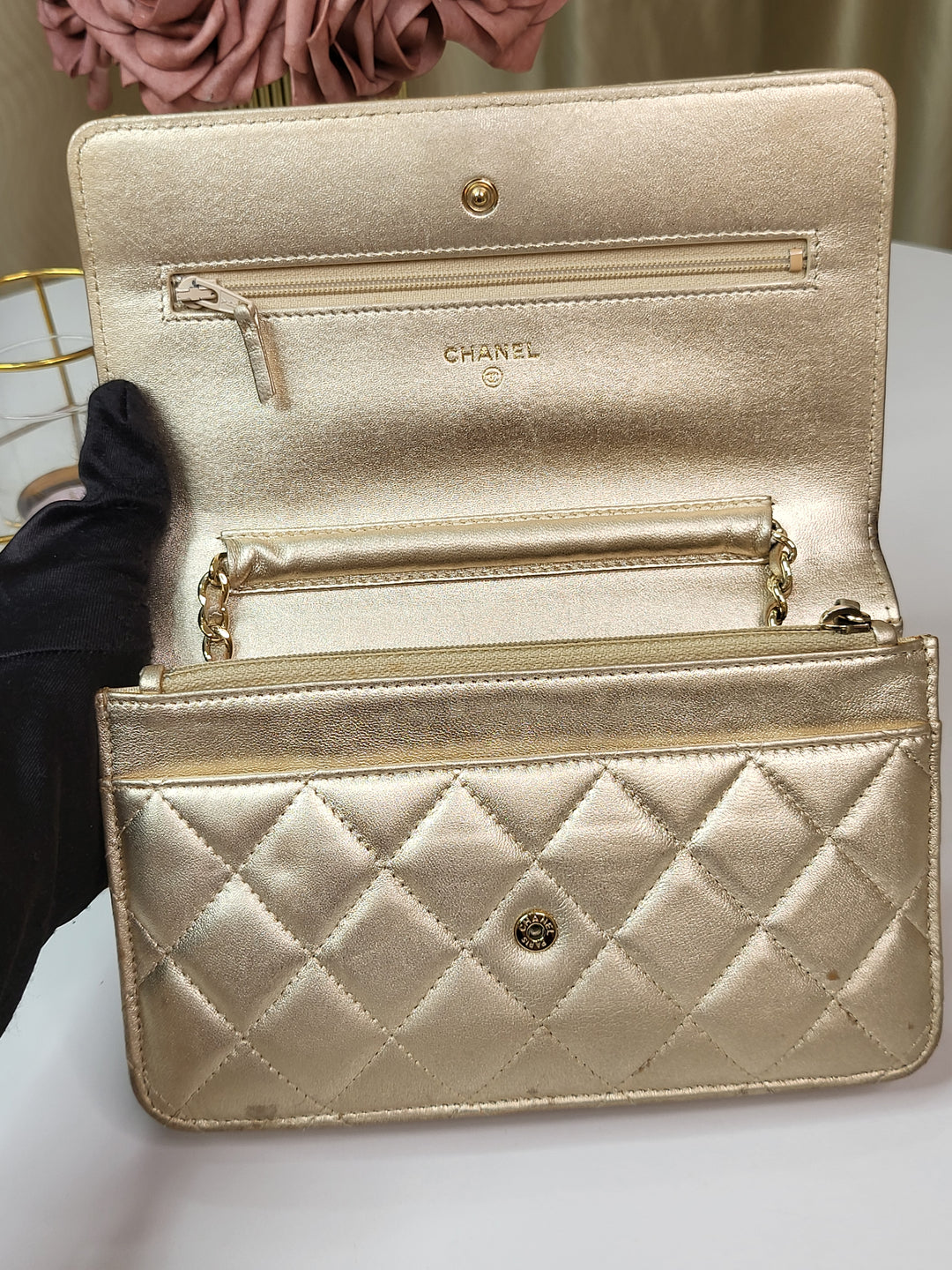 Chanel Lambskin Metallic Gold Wallet On Chain