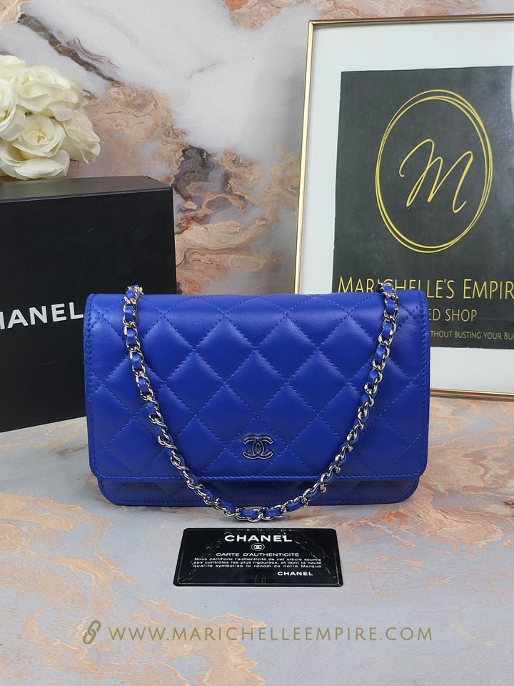 Chanel Lambskin Blue Wallet On Chain